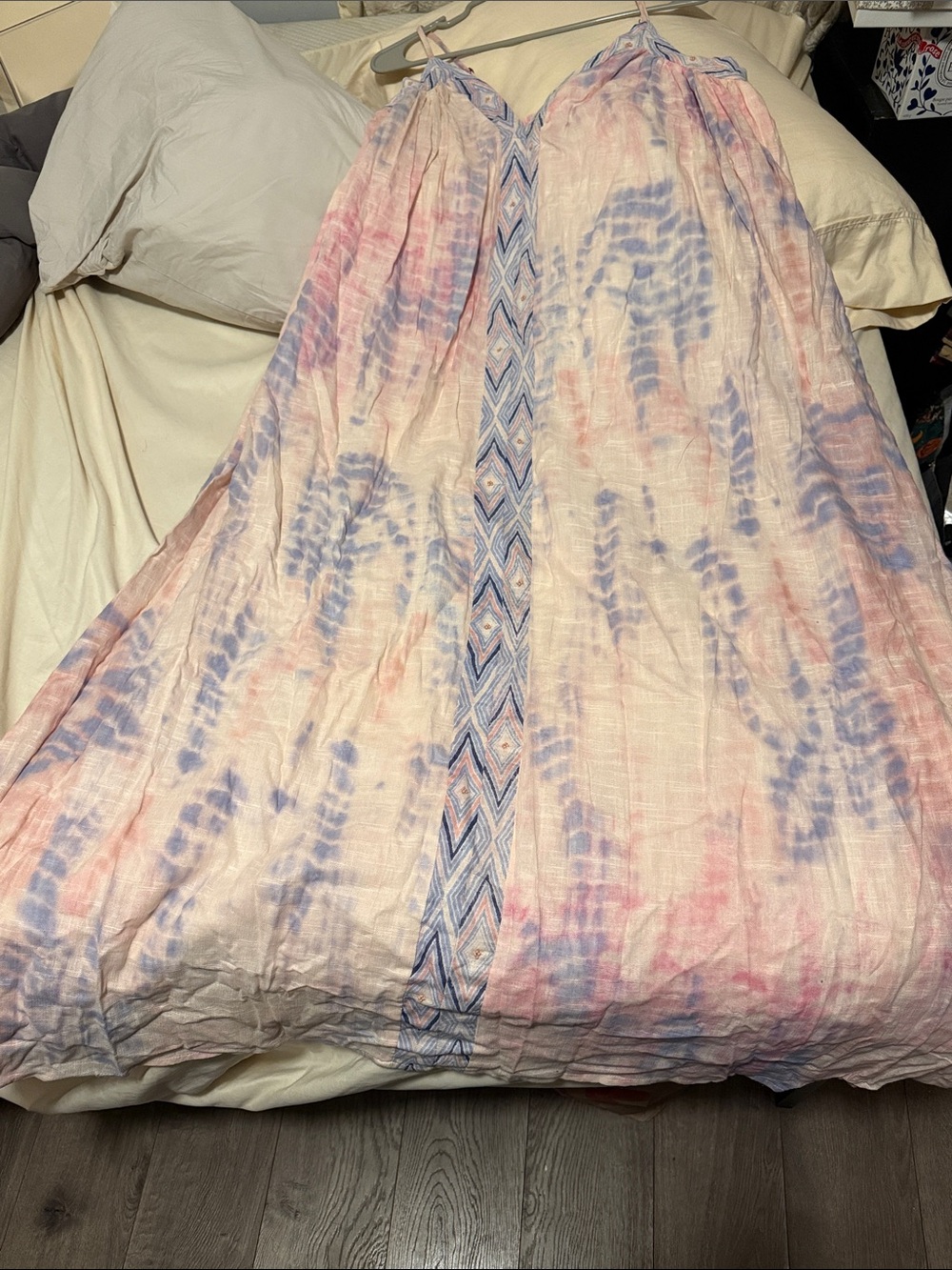 Cost Plus World Market Pink and Blue Tie-Dye Maxi Dress with Embroidered Trim